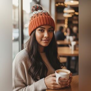 Tahari Multicolor Stretchy Knit Winter Beanie with Pom Pom Casual